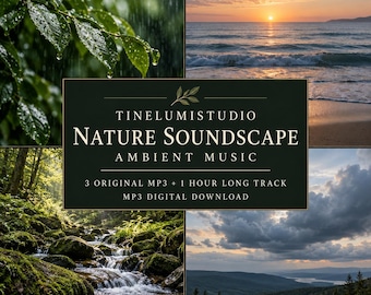 May include: A digital download product cover featuring four nature scenes: rain on green leaves, a sunset over the ocean, a mossy forest stream, and a cloudy mountain landscape. The central text reads: TINELUMISTUDIO NATURE SOUNDSCAPE AMBIENT MUSIC.