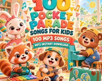 May include: A digital album cover titled 100 Pocket Parade Songs For Kids featuring a white rabbit, a red panda, a puppy, and a bear playing musical instruments. The scene includes a xylophone, guitar, and piano with a teal suitcase in the foreground.