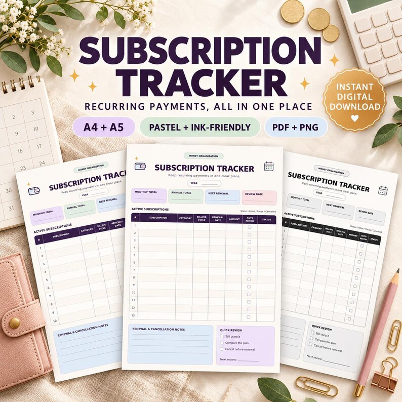 May include: A subscription tracker printable document featuring a table for recurring payments, columns for subscription details, billing cycles, and renewal dates, with sections for monthly and annual totals, all presented in a clean, organized layout.