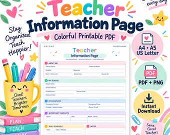 May include: A printable Teacher Information Page PDF document featuring sections for About Me, My School, Key Contacts, and Daily Schedule. The design includes a yellow mug with pens, stacked books, and colourful text elements like Make a difference every day.