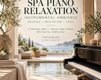 May include: A digital download product titled SPA PIANO RELAXATION INSTRUMENTAL AMBIENCE MASSAGE | MEDITATION | YOGA. It includes 3 original MP3 files and a 1-hour long track from TinelumiStudio, code TLS-MED-260928-026, featuring a black grand piano.