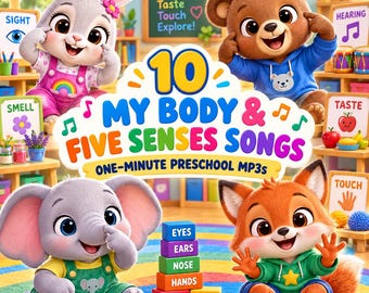 May include: A digital album cover titled 10 MY BODY & FIVE SENSES SONGS ONE-MINUTE PRESCHOOL MP3S featuring a cartoon rabbit, bear, elephant, and fox. A stack of colourful blocks labelled EYES, EARS, NOSE, HANDS, KNEES, TOES sits in the centre.