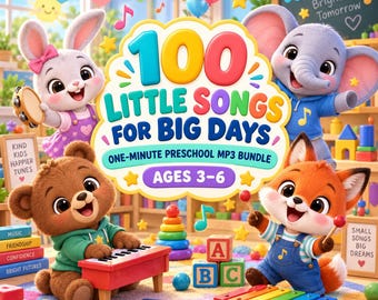 May include: A digital cover for 100 Little Songs for Big Days, a preschool MP3 bundle for ages 3-6. The image features a cartoon rabbit, elephant, bear, and fox playing musical instruments surrounded by colourful blocks and toys.