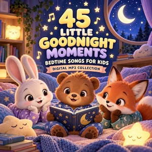 Può includere: Una raccolta digitale MP3 intitolata 45 Little Goodnight Moments Bedtime Songs for Kids con un orso bruno che legge un libro, un coniglio bianco e una volpe arancione su una coperta blu stellata con luci notturne a forma di stella.