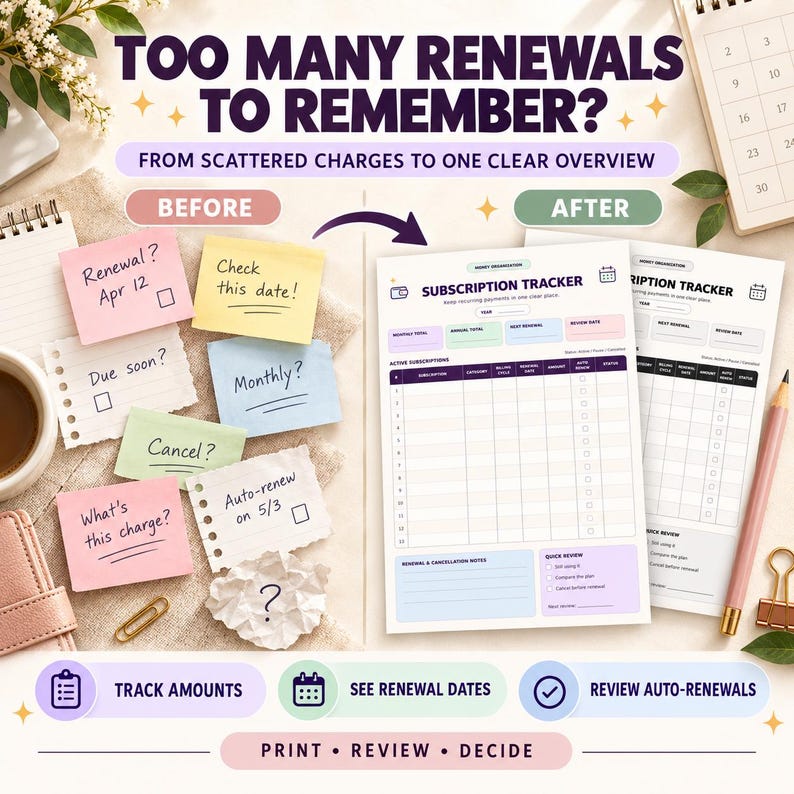 May include: A subscription tracker printable document showing a before and after comparison. The before side features scattered sticky notes with handwritten reminders. The after side displays a structured table for tracking recurring payments.