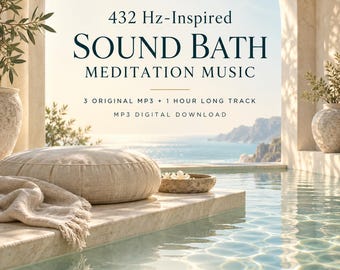 May include: A digital download featuring 432 Hz-Inspired Sound Bath Meditation Music. The text includes 3 original MP3 + 1 hour long track, MP3 digital download, and TinelumiStudio TLS-MED-261013-031. The image shows a beige cushion and cloth.