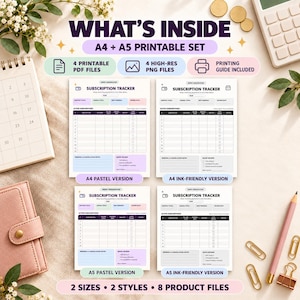 May include: A digital printable set featuring four subscription tracker templates in A4 and A5 sizes. The set includes pastel and ink-friendly versions, provided as four PDF and four PNG files, with a printing guide included for organizational use.