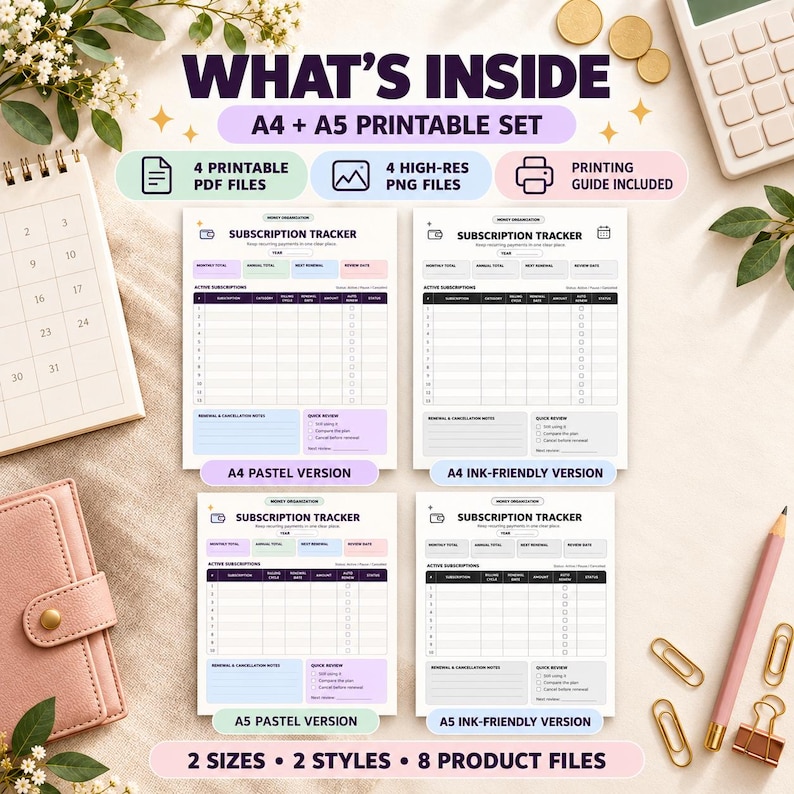 May include: A digital printable set featuring four subscription tracker templates in A4 and A5 sizes. The set includes pastel and ink-friendly versions, provided as four PDF and four PNG files, with a printing guide included for organizational use.