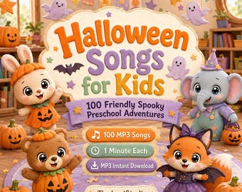 May include: A digital graphic titled Halloween Songs for Kids featuring 100 Friendly Spooky Preschool Adventures. The image displays four plush-style animal characters dressed in Halloween costumes, surrounded by pumpkins and festive bunting.