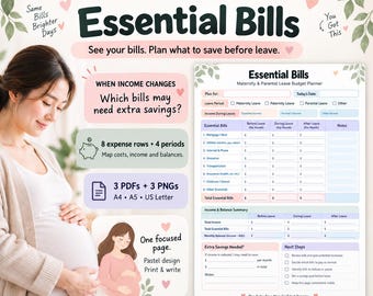 May include: A maternity and parental leave budget planner template titled Essential Bills. The document includes sections for income, expense rows, and balance summaries. It features pastel colours, leaf illustrations, and text prompts for planning savings before leave, available in A4, A5, and US Letter sizes.