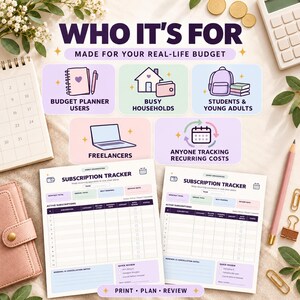 May include: A subscription tracker printable featuring a table for active subscriptions, renewal dates, and costs. The document includes sections for monthly and annual totals, renewal notes, and quick reviews. The text reads Subscription Tracker.
