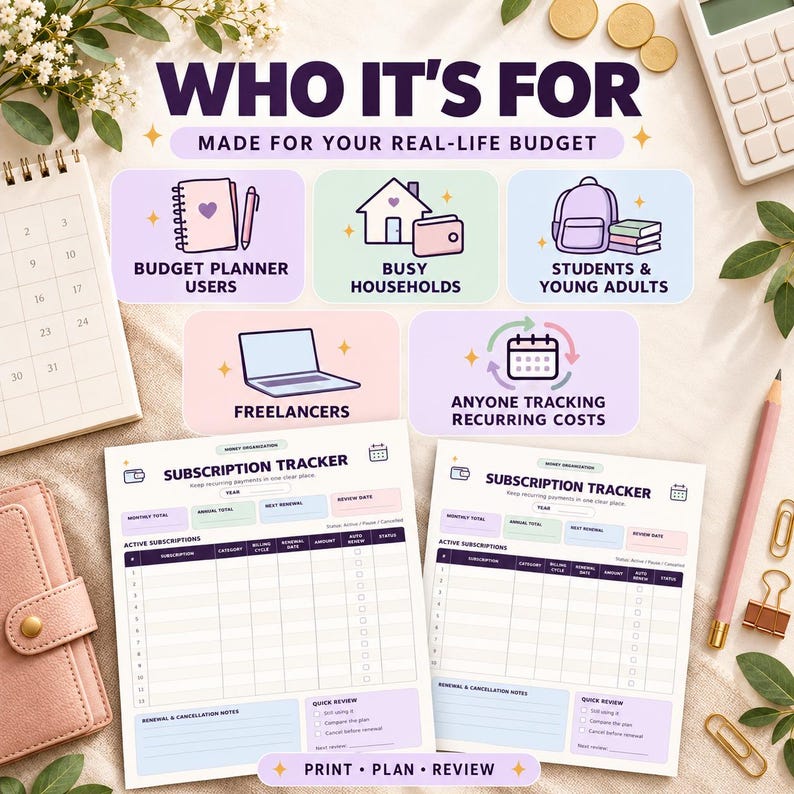 May include: A subscription tracker printable featuring a table for active subscriptions, renewal dates, and costs. The document includes sections for monthly and annual totals, renewal notes, and quick reviews. The text reads Subscription Tracker.