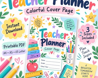 May include: A digital teacher planner cover page featuring colourful text, a stack of books, a red apple, a yellow ruler, and a cup of pencils. The design includes fields for name, grade, and school year, with decorative hearts, stars, and leaves.