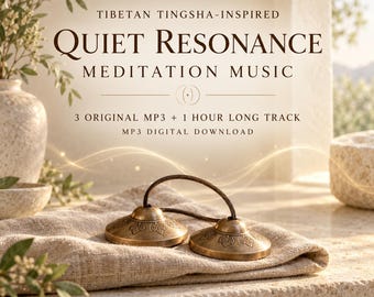 May include: Two bronze-coloured metal tingsha cymbals connected by a dark cord, resting on a beige fabric. Text reads: TIBETAN TINGSHA-INSPIRED QUIET RESONANCE MEDITATION MUSIC, 3 ORIGINAL MP3 + 1 HOUR LONG TRACK, MP3 DIGITAL DOWNLOAD, TinelumiStudio.