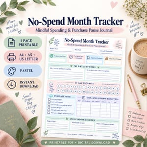 Könnte beinhalten: Eine druckbare No-Spend Month Tracker Journal-Seite mit Abschnitten für Ziele, Regeln, 30-Tage-Fortschritt, Fragen zur Kaufpause, Reflexion über ungeplante Ausgaben und Monatsrückblick, gestaltet in Pastellfarben mit minimalistischem Text.