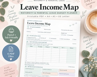 May include: A printable Leave Income Map maternity and parental leave budget planner PDF. The document features sections for a leave snapshot, income quick check, and cash flow map with tables for dates, pay stages, money in, and money out.