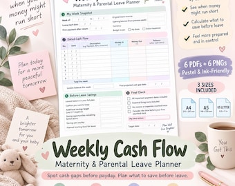 May include: A Weekly Cash Flow Maternity & Parental Leave Planner document featuring sections for My Week Snapshot, Dated Cash Flow, Before-Leave Savings, and Final Check. The planner includes text, checkboxes, and fields for tracking income and expenses.