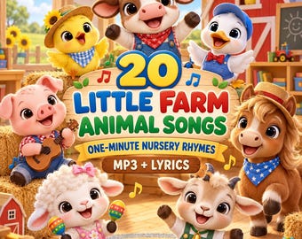 May include: A digital illustration featuring a cow, duck, pig, sheep, goat, and horse on a farm. The text reads 20 LITTLE FARM ANIMAL SONGS, ONE-MINUTE NURSERY RHYMES, and MP3 + LYRICS. The animals are wearing clothing and playing musical instruments.