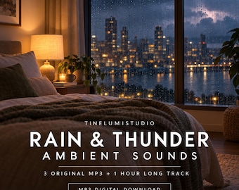 May include: A bedroom scene with a bed, a lamp, and a window overlooking a rainy city at night. Text reads: TINELUMISTUDIO RAIN & THUNDER AMBIENT SOUNDS 3 ORIGINAL MP3 + 1 HOUR LONG TRACK MP3 DIGITAL DOWNLOAD. The room features warm lighting.