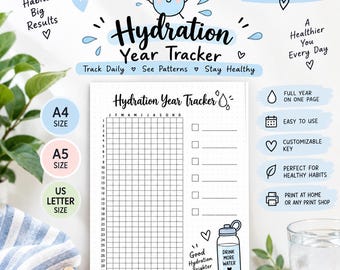 May include: A printable Hydration Year Tracker PDF featuring a grid for tracking daily water intake. The document includes text such as Hydration Year Tracker, Small Habits Big Results, and A Healthier You Every Day, with icons of water drops, hearts, and a water bottle.