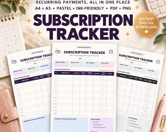 May include: A digital subscription tracker template featuring a clean layout with columns for subscription name, category, billing cycle, renewal date, amount, and status. The document includes sections for monthly and annual totals, renewal notes, and a quick review checklist.