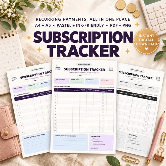 Subscription Tracker Printable: A4/A5 Recurring Payment & Expense Planner PDF, Pastel + Ink-Friendly