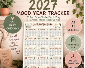May include: A 2027 mood year tracker printable chart featuring twelve monthly grids with numbered circles to colour daily. The document includes a mood key, notes section, and text reading 2027 MOOD YEAR TRACKER, Color One Circle Each Day, A HAPPIER, MORE MINDFUL YOU, 365 DAILY CHECK-INS, A4, A5, US LETTER, PRINTABLE PDF, and INSTANT DOWNLOAD.