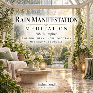 May include: A digital download product titled Rain Manifestation Meditation 888 Hz-Inspired, featuring 3 original MP3s and a 1-hour track by TinelumiStudio TLS-MED-260920-022. The text is overlaid on a sunlit conservatory scene with plants and furniture.
