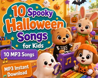 May include: A digital graphic featuring the text 10 Spooky Halloween Songs for Kids, 10 MP3 Songs, and MP3 Instant Download. A cartoon bear in a skeleton costume plays a purple piano, a rabbit holds maracas, and a dog plays a xylophone.