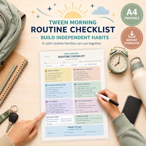 Puede incluir: Una lista de verificación de rutina matutina para preadolescentes en formato A4 con secciones coloridas para higiene y útiles escolares. El documento incluye el texto TWEEN MORNING ROUTINE CHECKLIST y BUILD INDEPENDENT HABITS, junto a un reloj, una botella de agua y un cuaderno.