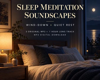 May include: A digital download of Theta + Delta-Inspired Sleep Meditation Soundscapes featuring Wind-Down and Quiet Rest. Includes 3 original MP3 files and a 1-hour long track. The text is displayed over a bedroom scene with a bed and nightstand.