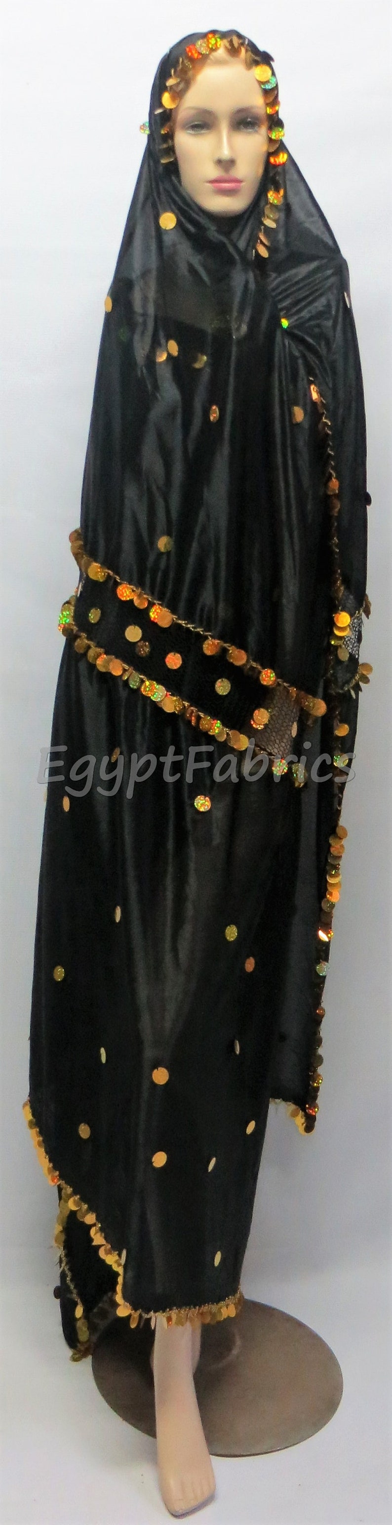 thumbnail image 2 of Egyptian Iskandarani Melaya Laff Veil With Crochet Trim – Large Folkloric Belly Dance Scarf 2 of 6