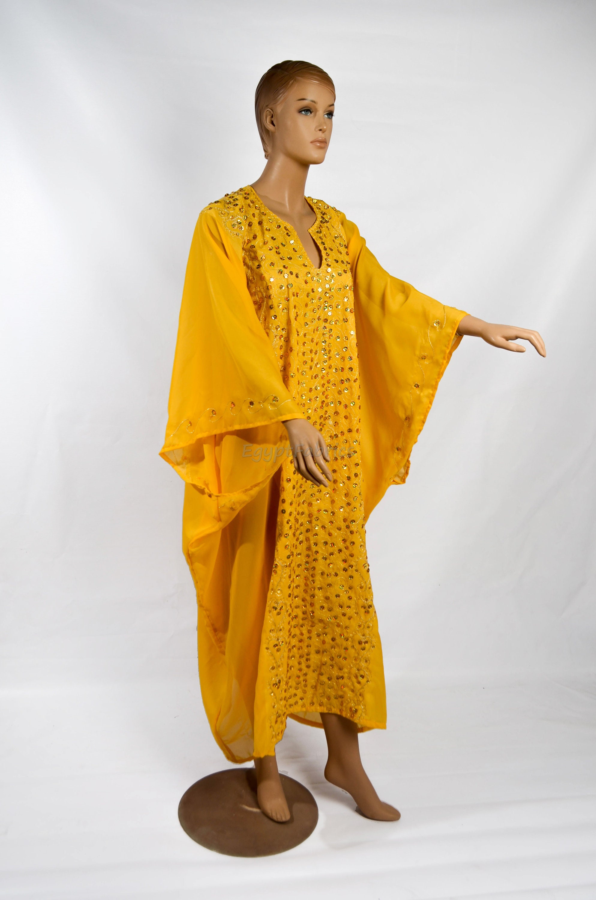 Khaliji Thobes Belly Dance Yellow Golden Abaya Kaftan Dress Khaleegy