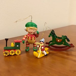 Christmas Ornaments lot rocking horse elf train sled