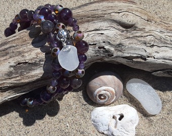 Amethyst Memory Wire Bracelet with White Sea Glass