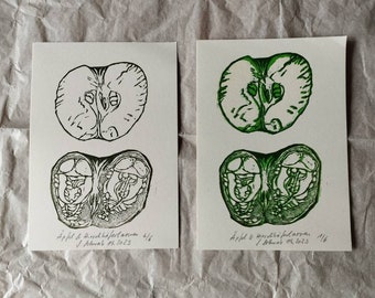 Hirschkäferlarven- & Apfel-Linoldruck auf farbigem Papier