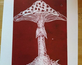 Linoldruck " Parasol Pilz Kreuzschraffur" rot & schwarz gedruckt