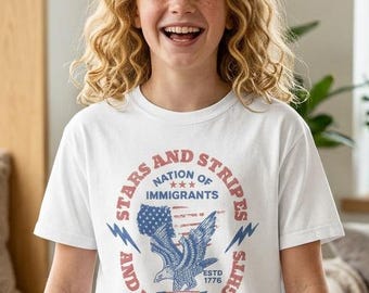 Camiseta infantil con la bandera estadounidense y los derechos humanos, camiseta del 4 de julio sobre los derechos de los inmigrantes, camiseta Comfort Colors del 4 de julio "Nación de Inmigrantes".