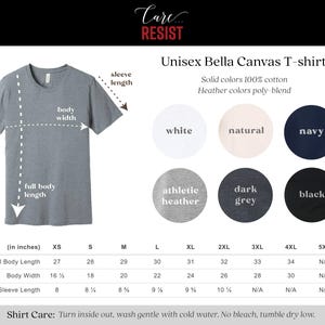 May include: Unisex Bella Canvas T-shirt size chart in inches. The chart shows the full body length, body width, and sleeve length for sizes XS to 5XL. The chart also shows the color options for the t-shirt: white, natural, navy, athletic heather, dark grey, and black. Shirt care instructions: Turn inside out, wash gentle with cold water. No bleach, tumble dry low.