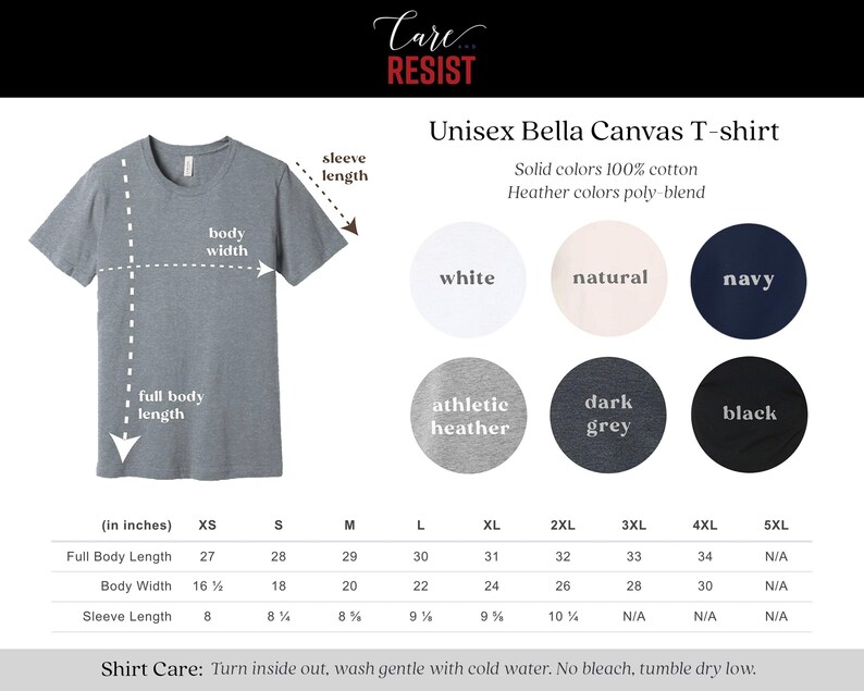 May include: Unisex Bella Canvas T-shirt size chart in inches. The chart shows the full body length, body width, and sleeve length for sizes XS to 5XL. The chart also shows the color options for the t-shirt: white, natural, navy, athletic heather, dark grey, and black. Shirt care instructions: Turn inside out, wash gentle with cold water. No bleach, tumble dry low.