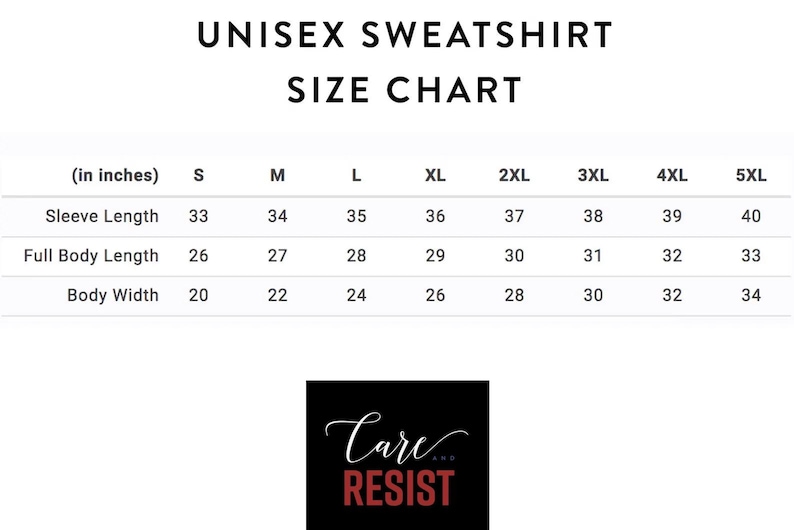 Puede incluir: Tabla de tallas para sudadera unisex en pulgadas. La tabla muestra las medidas de la longitud de la manga, la longitud total del cuerpo y el ancho del cuerpo para las tallas S a 5XL.