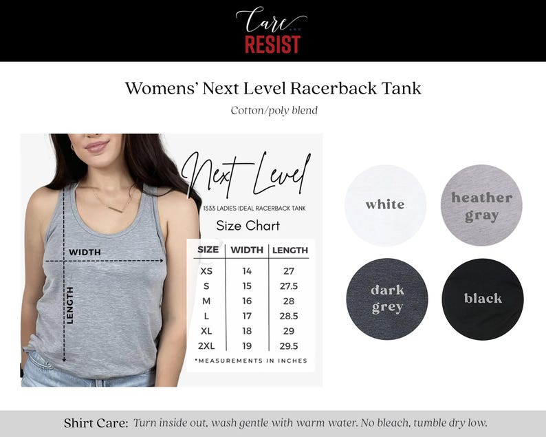 May include: Gray racerback tank top with "Next Level" written on the front. Size chart with measurements in inches. Available in white, heather gray, dark gray, and black.