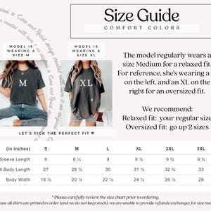 May include: Size chart for t-shirts with measurements in inches for sleeve length, full body length, and body width. The chart includes sizes S, M, L, XL, 2XL, and 3XL. The model is wearing a size M and a size XL t-shirt. The text says "Let's pick the perfect fit."