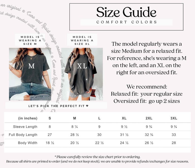 May include: Size chart for t-shirts with measurements in inches for sleeve length, full body length, and body width. The chart includes sizes S, M, L, XL, 2XL, and 3XL. The model is wearing a size M and a size XL t-shirt. The text says "Let's pick the perfect fit."