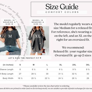 May include: Size chart for t-shirts with measurements in inches for sleeve length, full body length, and body width. The chart includes sizes S, M, L, XL, 2XL, and 3XL. The model is wearing a size M and a size XL t-shirt. The text says "Let's pick the perfect fit."