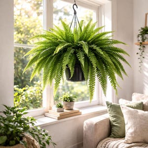 10” Hanging Basket of Boston Fern, Nephrolepis exaltata 'Bostoniensis', Sword Fern – Vining Plants, Houseplants, Air Purifier, Free Heatpad