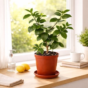 May include: A potted lemon tree with vibrant green leaves sits in a terracotta pot on a wooden windowsill. Two yellow lemons and a small plant are also visible. A white mug and a clear soap dispenser are also on the windowsill.