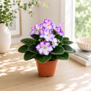 May include: A potted African violet plant with dark green, fuzzy, rounded leaves and clusters of white flowers featuring vibrant purple ruffled edges and bright yellow centers, housed in a simple terracotta-colored plastic pot.