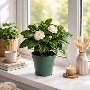 May include: A potted gardenia plant with two large white flowers and glossy green leaves. The plant is in a dark green pot, sitting on a windowsill. A lit candle, a vase with dried flowers, and a small plant in a basket are also on the windowsill.