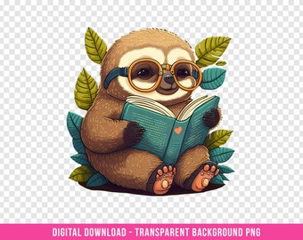 Sloth Reading Book PNG – Cute Clipart Design (Digital Download)